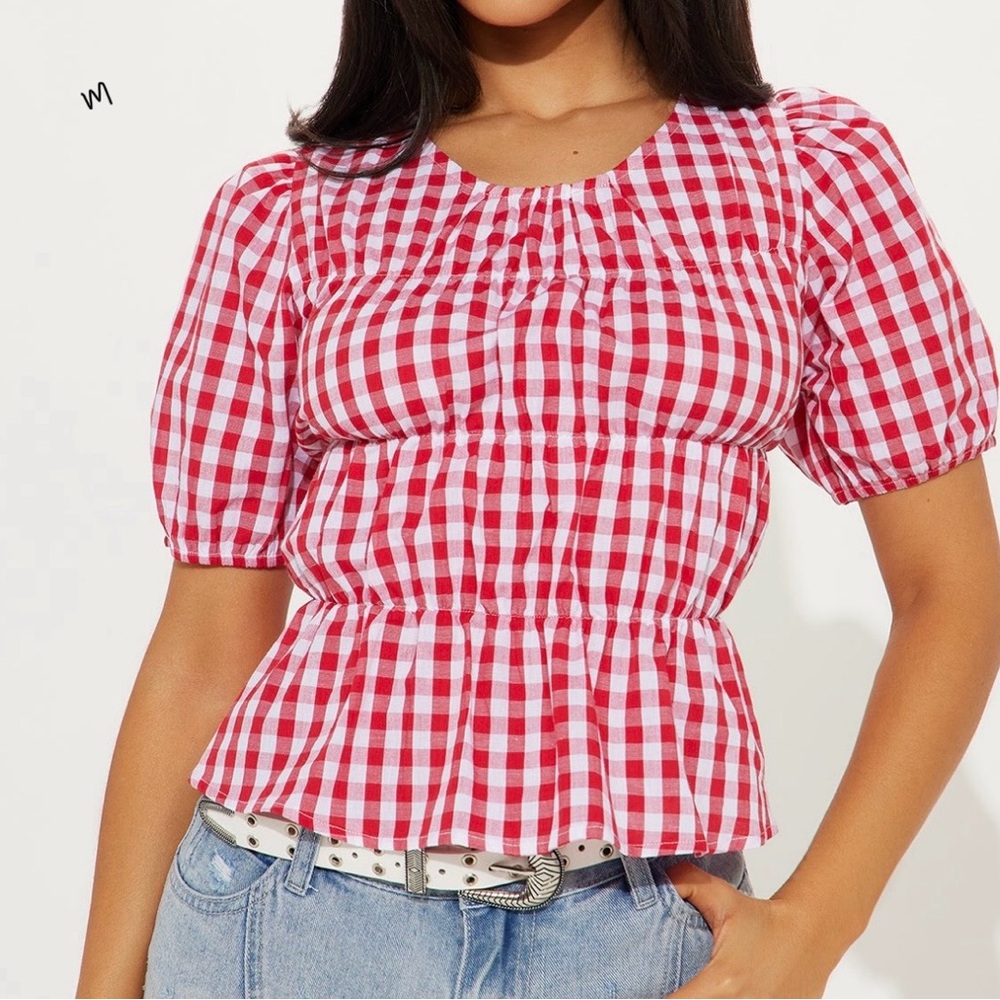Fashion Nova Red Checkered Puff Sleeve Blouse